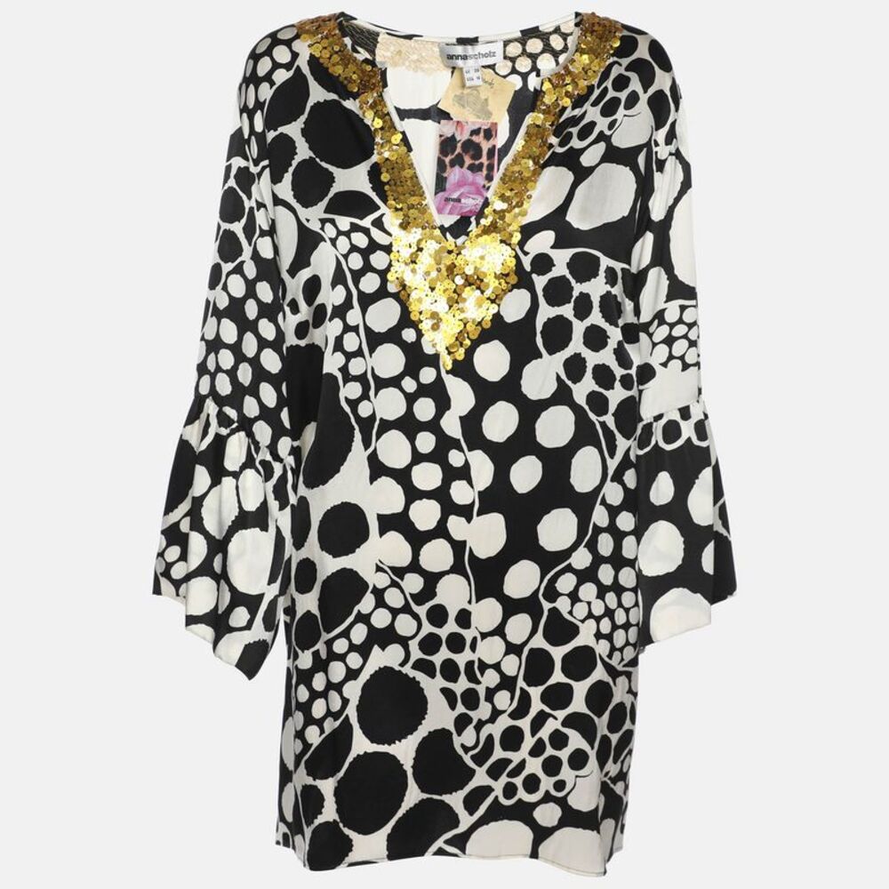 Anna Scholz Black/white Printed Satin Silk Sequin Kaftan Xl